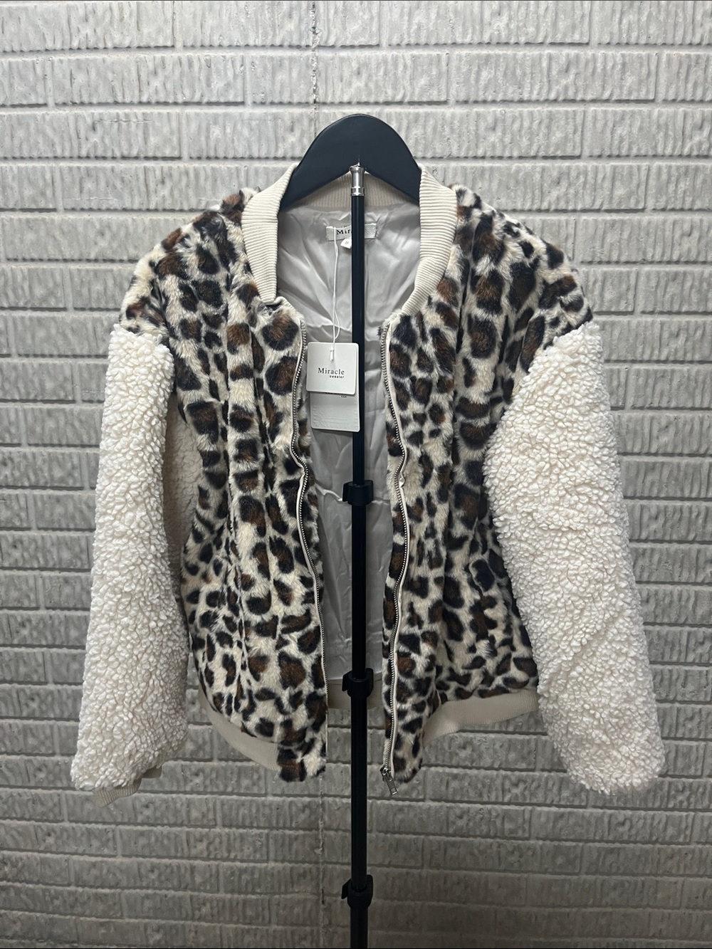 Miracle Cream Sherpa Bomber with Leopard Panels